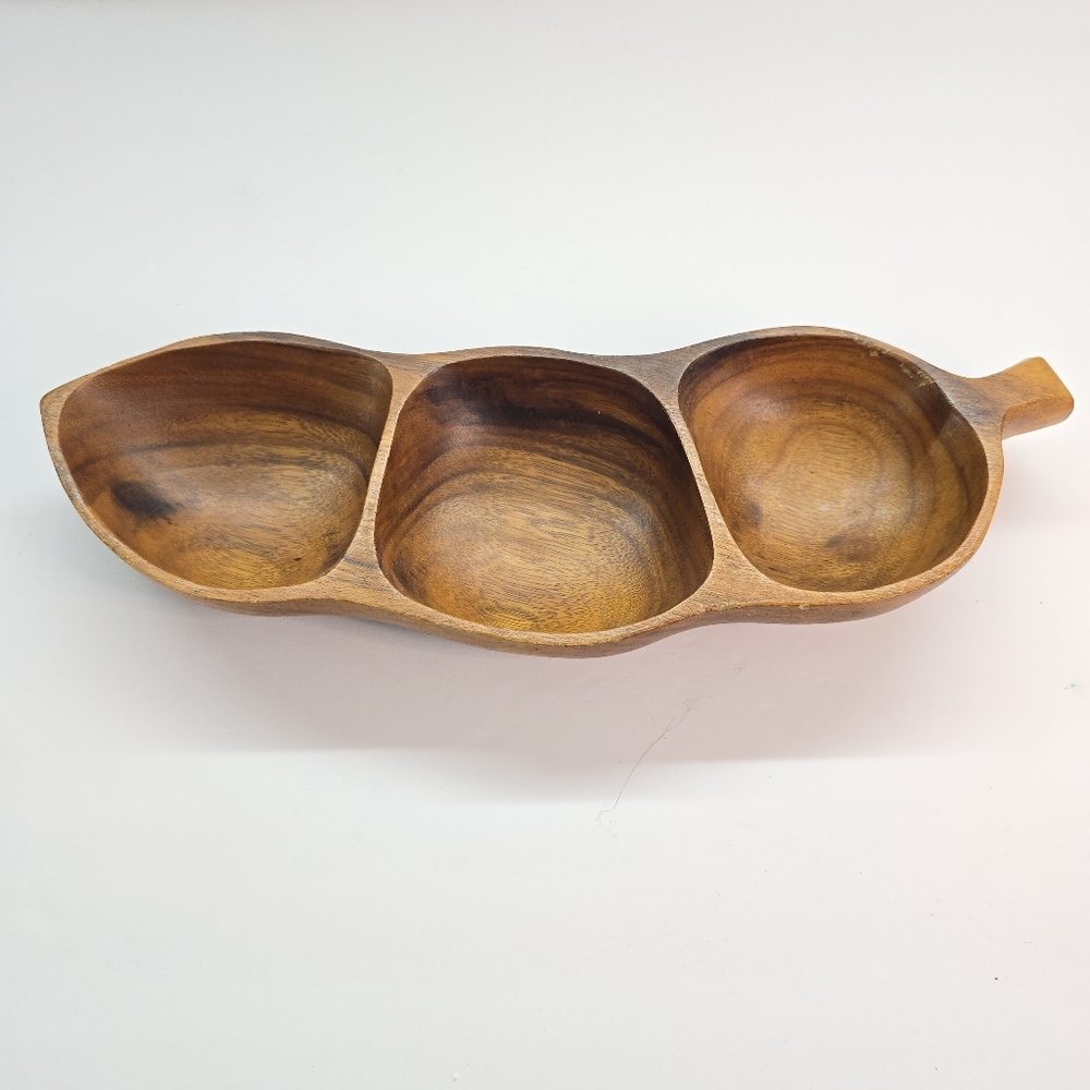 Vintage Monkey Pod Wood 3-Section Divided Snack Tray Pod Pea Shape Philippines*